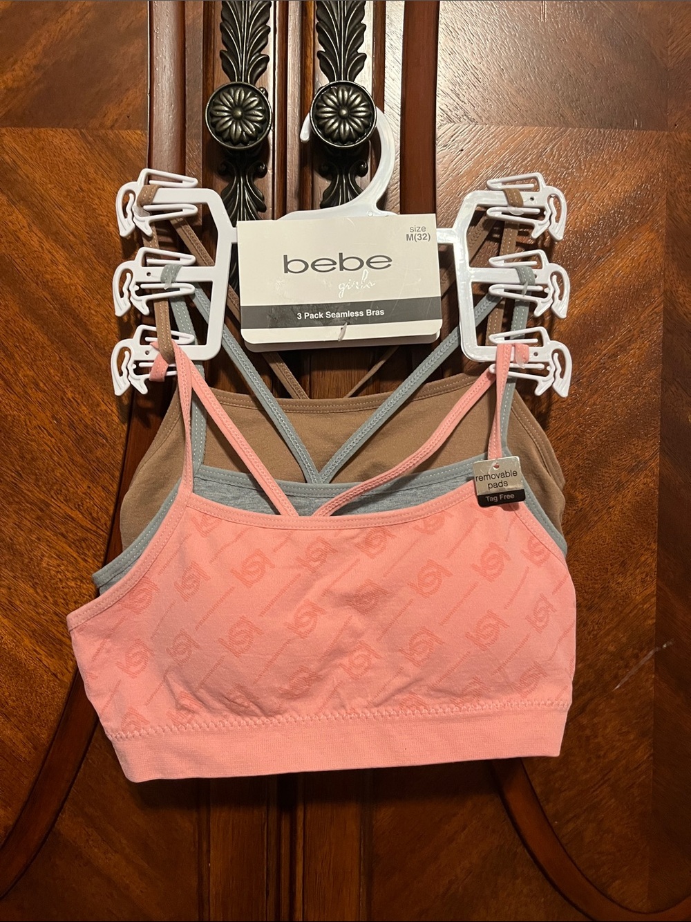 bebe Girls 3-Pack Seamless Bras- Pink, Gray, Brown